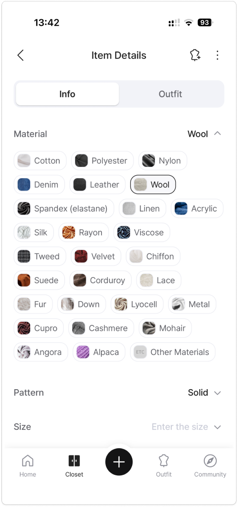 Screen from a competitor wardrobe app (Acloset or ALTA)