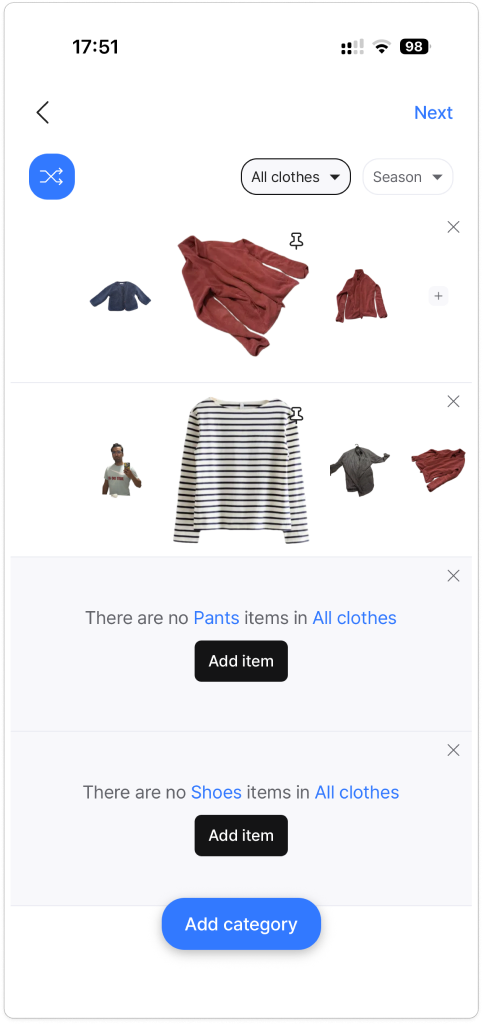 Screen from a competitor wardrobe app (Acloset or ALTA)