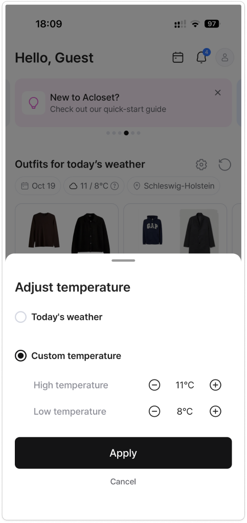 Screen from a competitor wardrobe app (Acloset or ALTA)